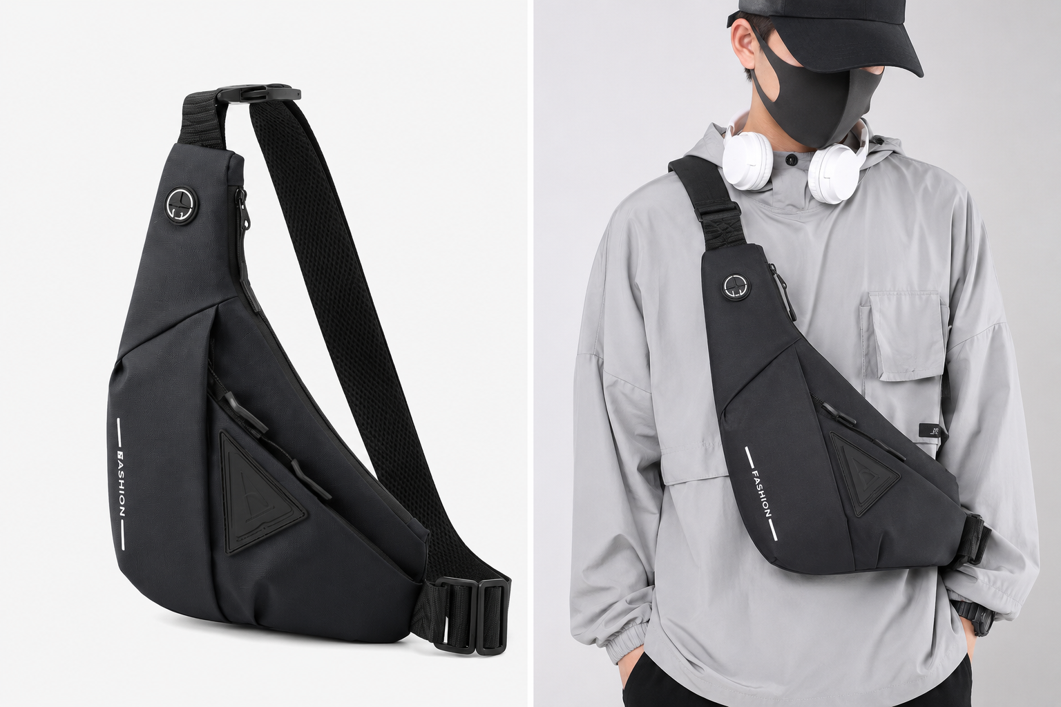 A black sling backpack shown in two views: a standalone product shot on the left and worn by a model on the right. The model wears a light gray jacket, black cap, face mask, and white headphones around the neck-www.blackorvani.com