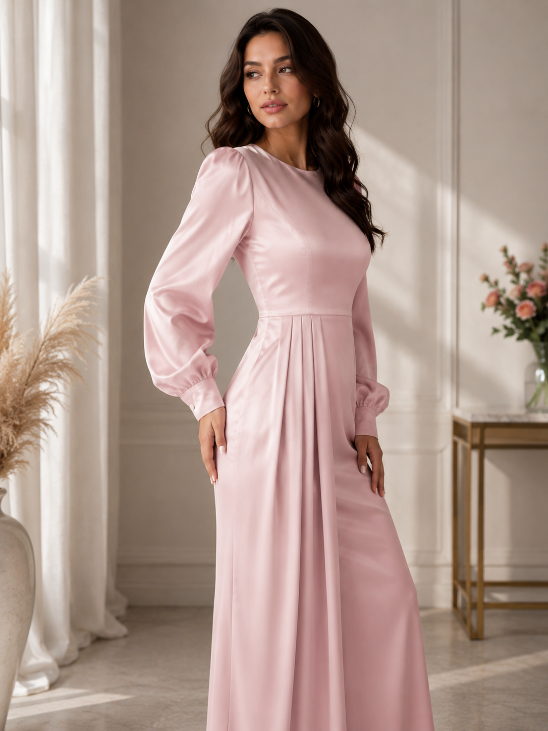 A woman modeling a long-sleeved, floor-length pink dress in a softly lit indoor setting with curtains, a side table, and dried flowers-BlackOrvani