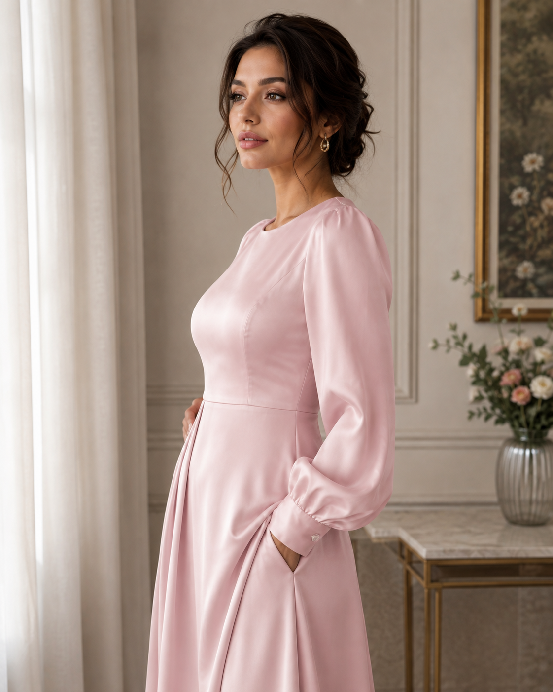 A woman wearing a long-sleeved light pink satin dress with a round neckline and puffed sleeves, standing in an elegant indoor setting with a console table and framed artwork in the background-BlackOrvani