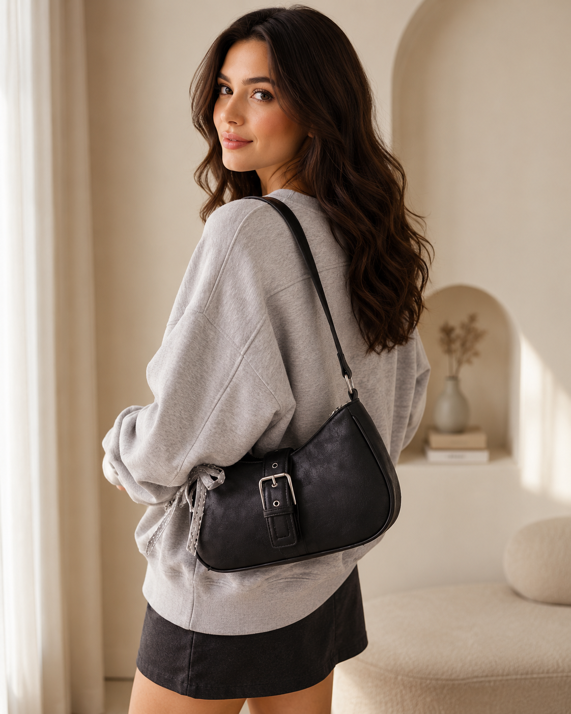 A woman wearing a light gray sweatshirt and black skirt carries a black faux-leather shoulder bag with a silver buckle strap in a warm, modern interior setting-BlackOrvani