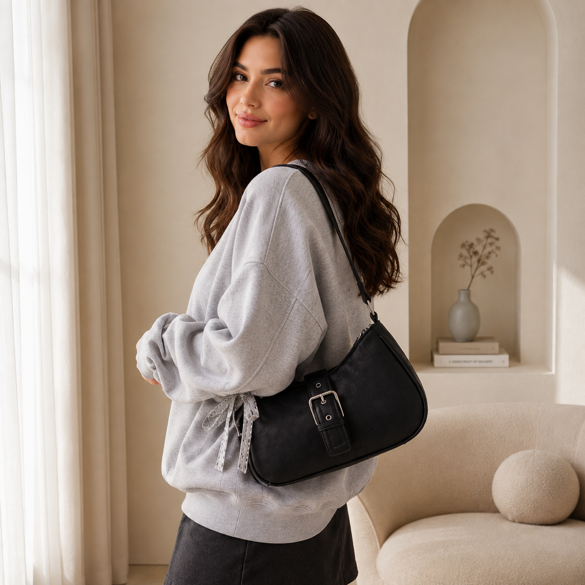 A woman wearing a light gray sweatshirt and black skirt carries a black leather shoulder bag with a silver buckle in a warm, modern beige room-BlackOrvani