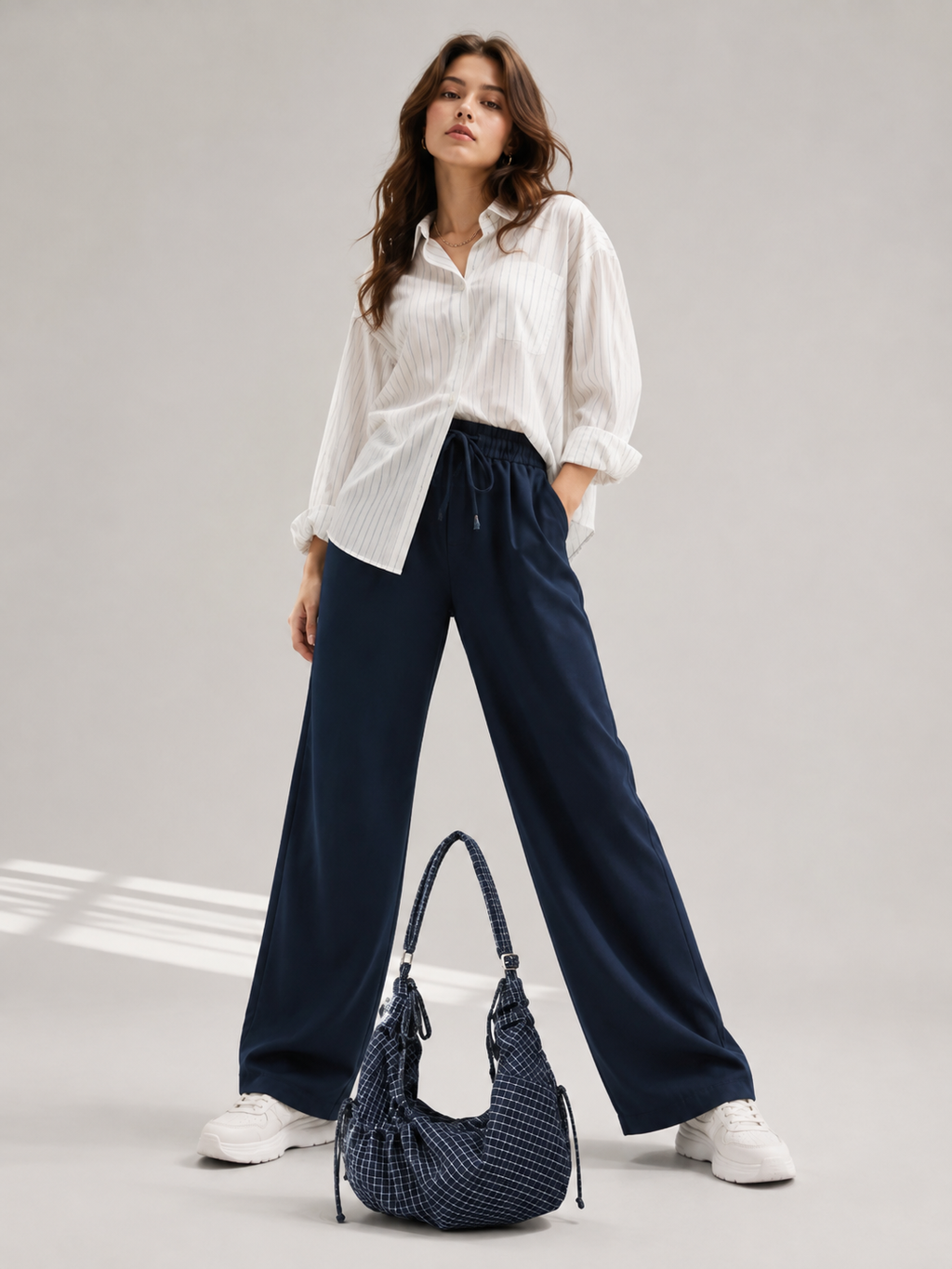 a navy patterned shoulder bag on the floor -BlackOrvani