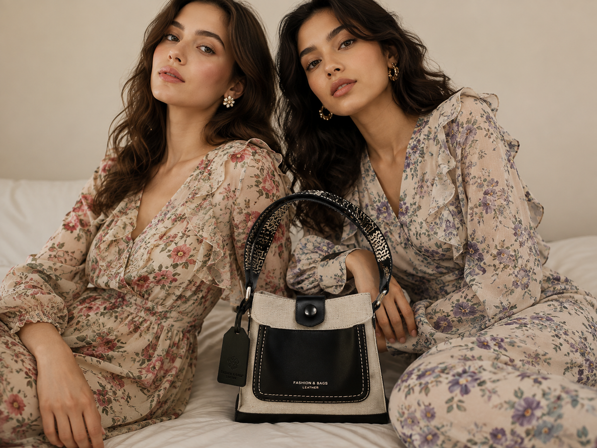  A light beige bag with black leather trim and a black handle placed between Two women in matching floral dress sit on a bed-BlackOrvani