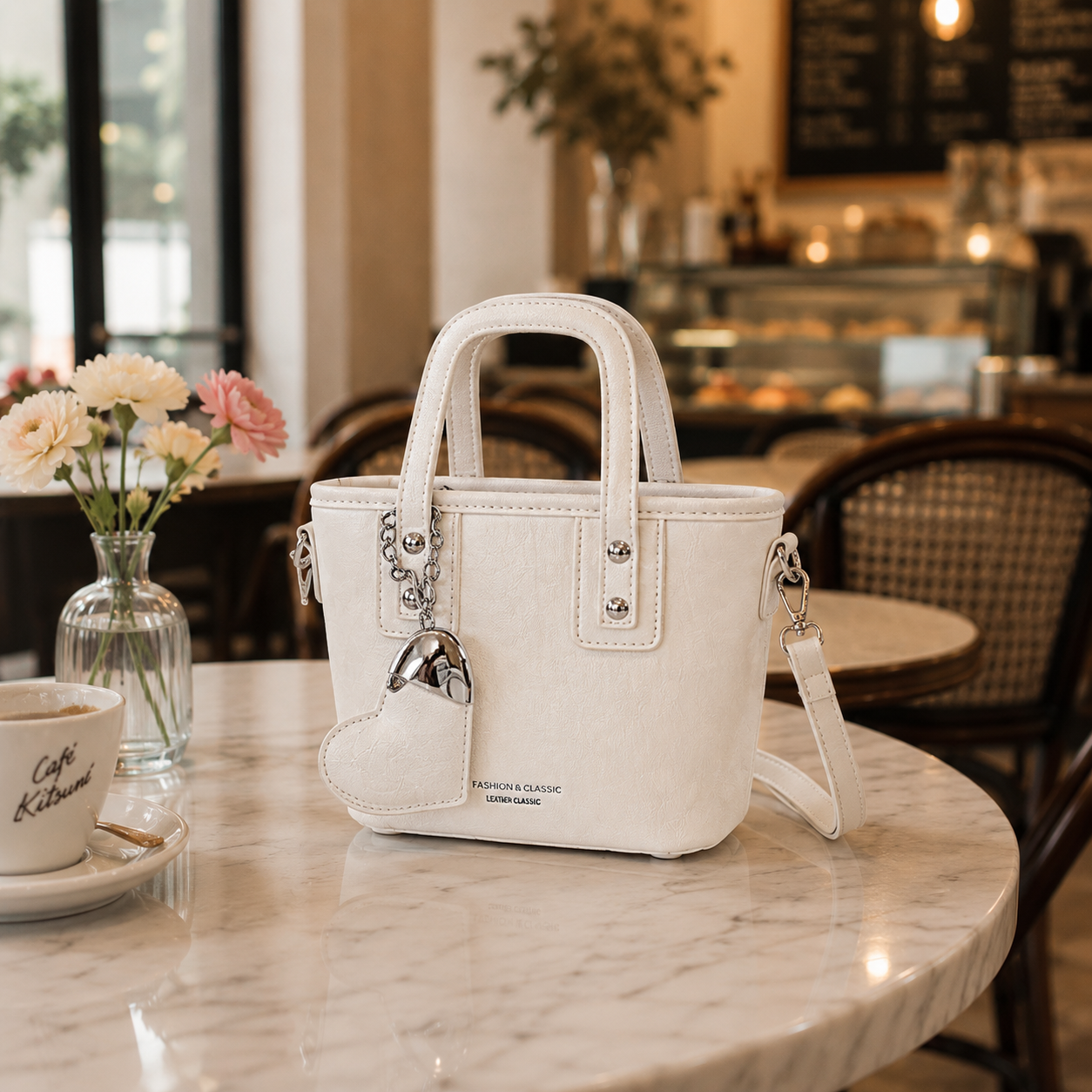 A structured cream-colored handbag with silver-tone hardware and a small hanging charm, displayed on a marble table in a cozy cafe setting-BLACKOrVaNi