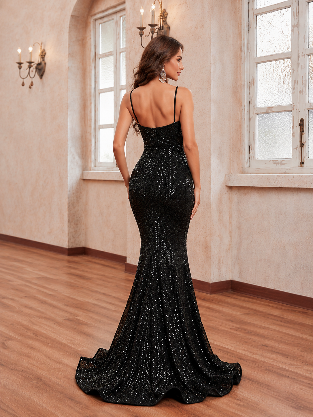 A woman wearing a black sequined mermaid evening gown with thin spaghetti straps and an open back, standing in a room with wood floors and windows.