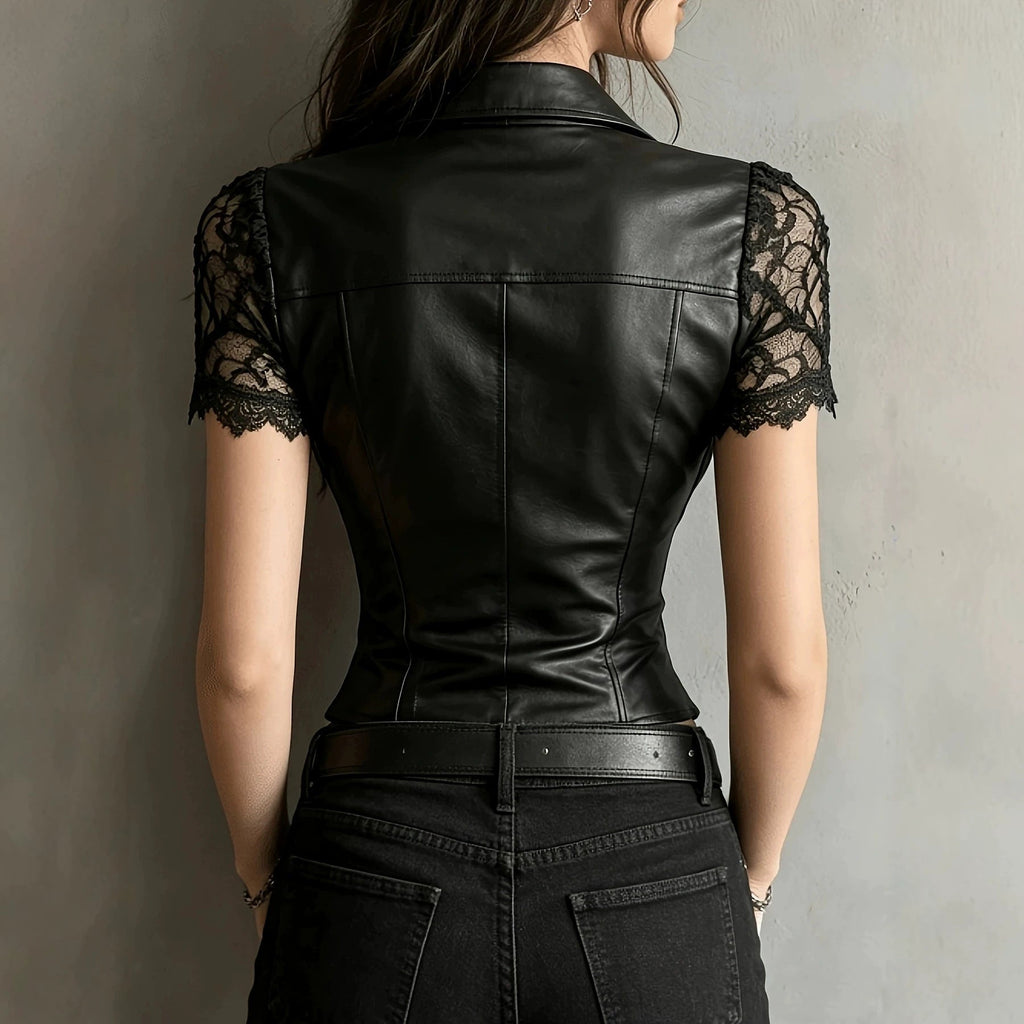 The Gothic-Luxe: PU Leather Button Shirt with Lace Cuffs-lack orvani