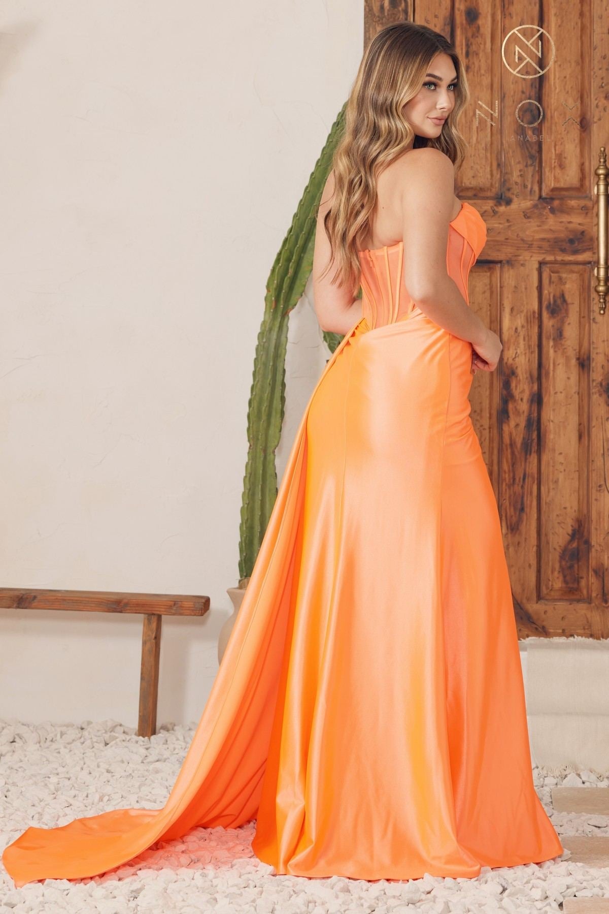 Satin Floor-Length Strapless Cowl Neck Gown with Side Sash