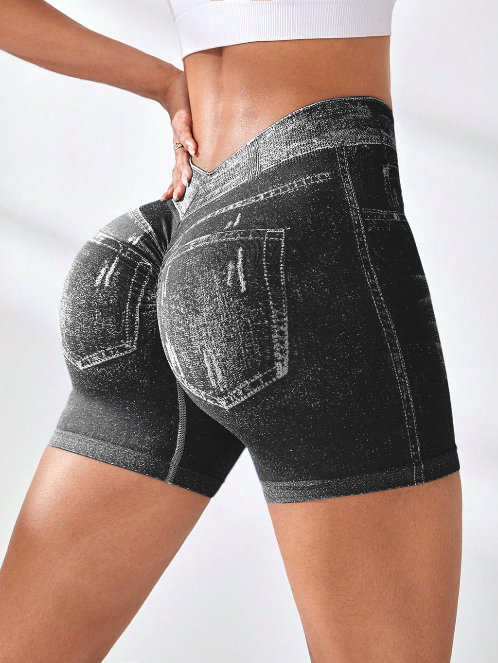 The Lift: Seamless Denim-Look Back V-Waist Hip-Lifting Yoga Shorts