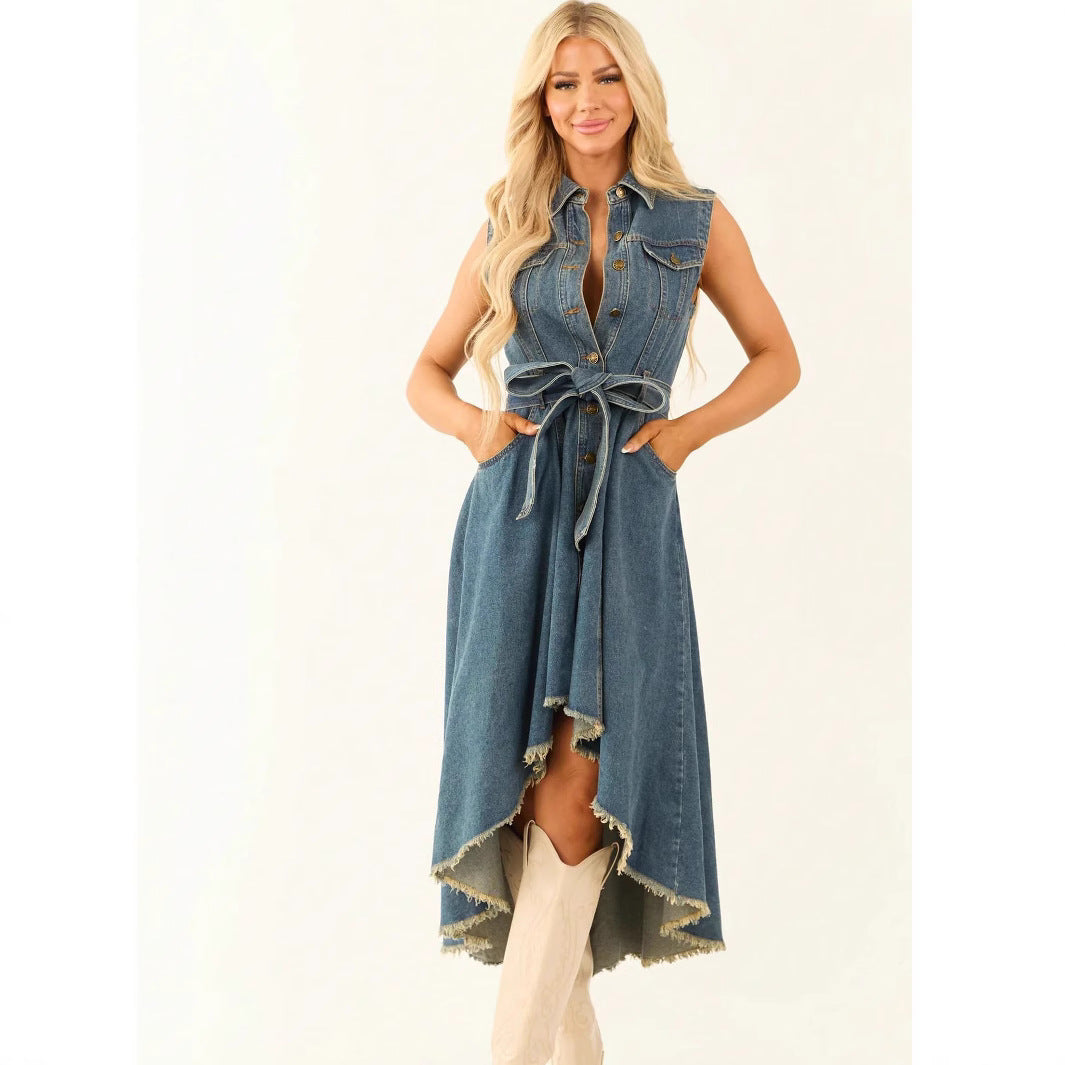 The Maverick: Sleeveless Denim Midi Dress with Irregular Hem