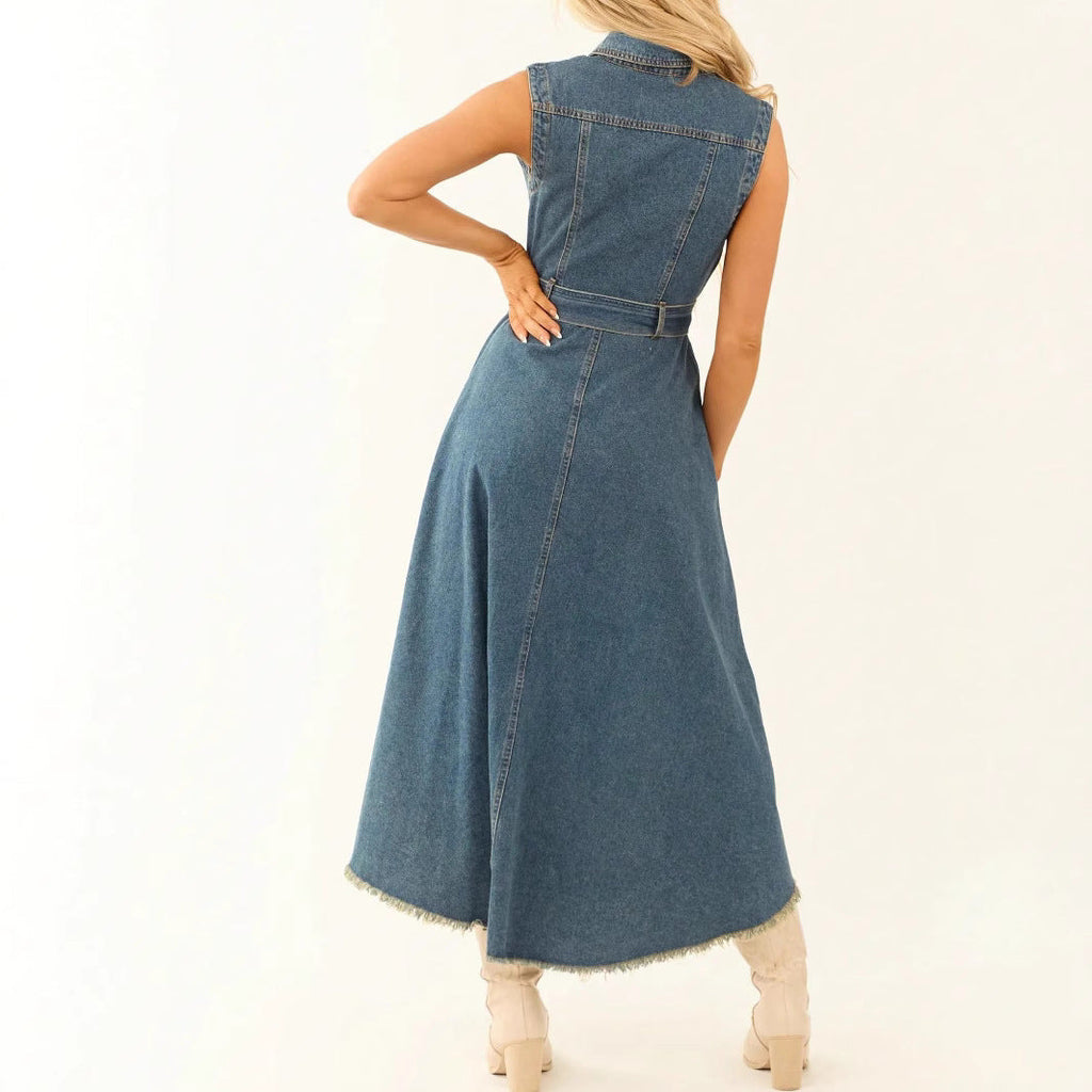 The Maverick: Sleeveless Denim Midi Dress with Irregular Hem