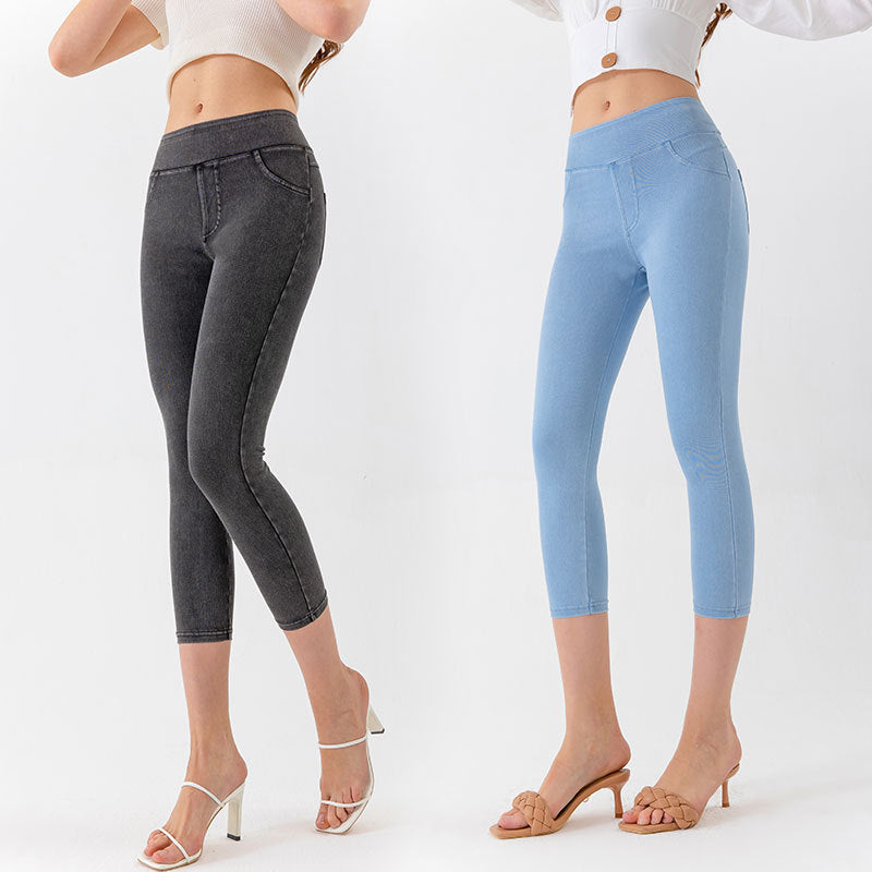 The Sculpt: Denim-Look Capri Yoga Pants with Tummy Control-Blackorvani
