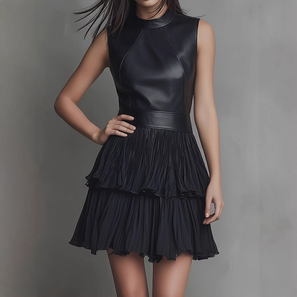 The Nocturne: PU Leather Spliced Double-Ruffle Mini Dress