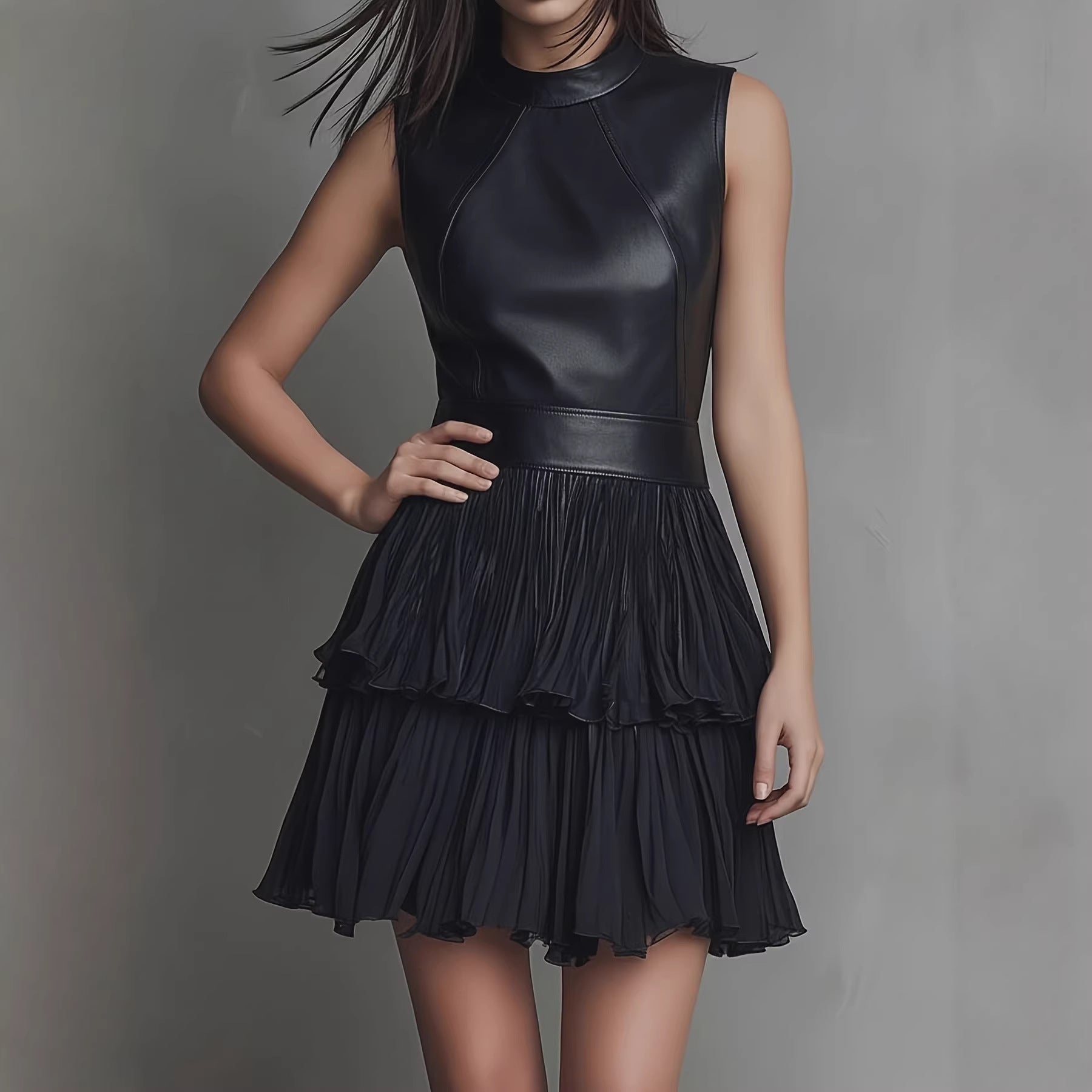 The Nocturne: PU Leather Spliced Double-Ruffle Mini Dress