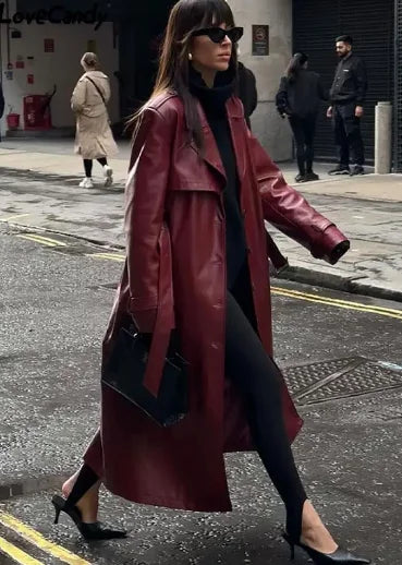 The Sovereign: Long PU Leather Coat with Polo Collar-Blackorvani