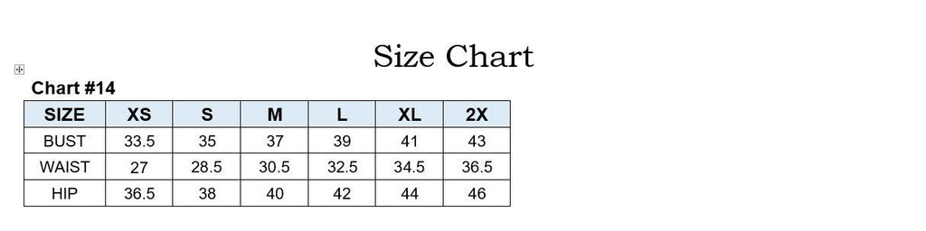 Size chart for clothing measurements with bust, waist, and hip dimensions.