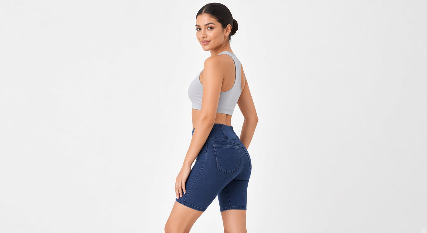 A woman modeling dark blue denim biker shorts and a light gray sports bra, shown from a side-back angle against a plain white studio background.