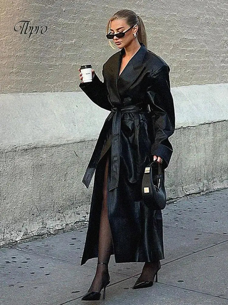 The Sovereign: Long PU Leather Coat with Polo Collar-Blackorvani