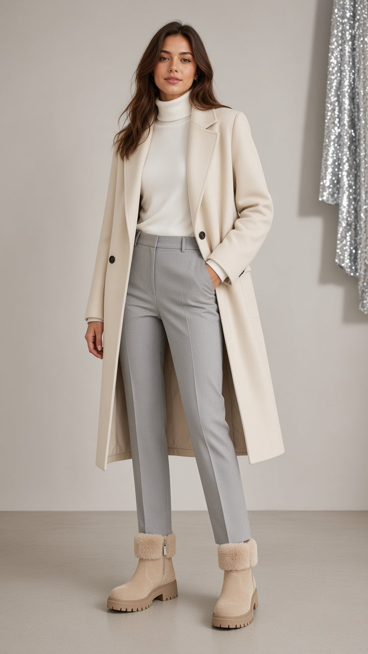 A woman models a long cream-colored coat over a white turtleneck sweater, light gray trousers, and beige ankle boots with faux-fur trim, standing in a studio setting-blackorvani