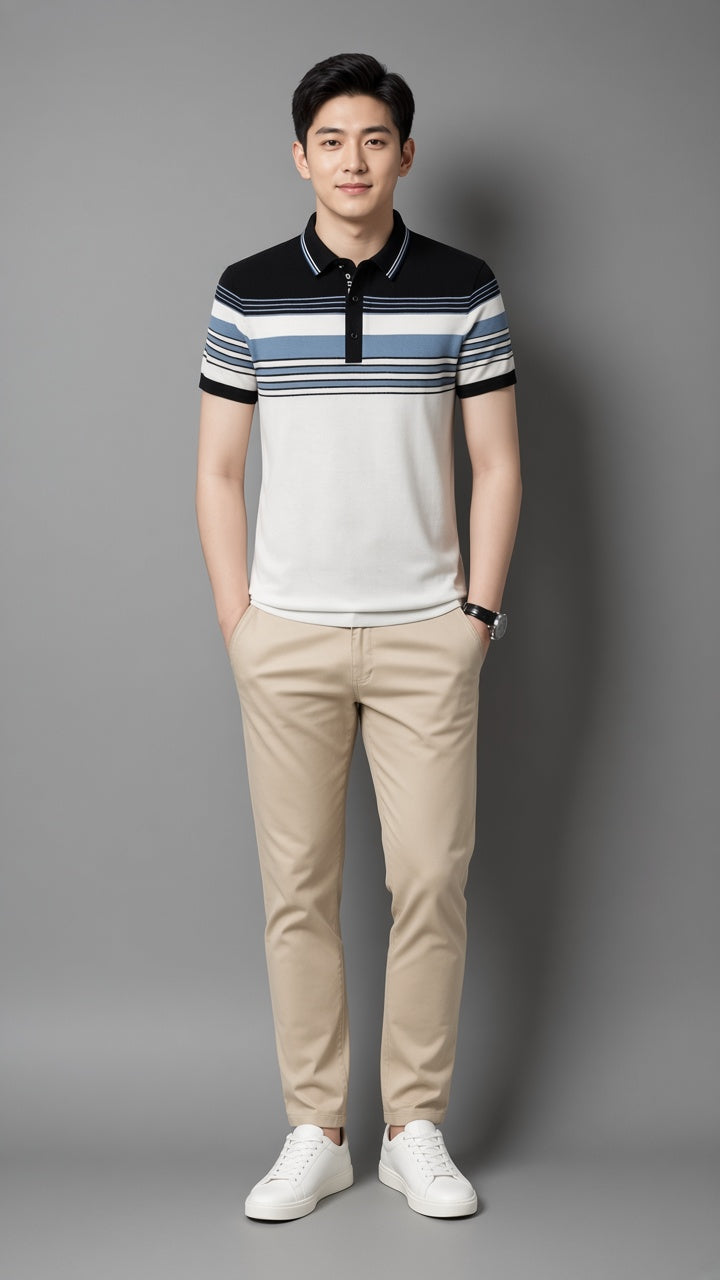 A man modeling a short-sleeve polo shirt with a color-blocked design of black, navy, light blue, and white, paired with beige trousers and white sneakers, against a solid gray studio background-blackorvani