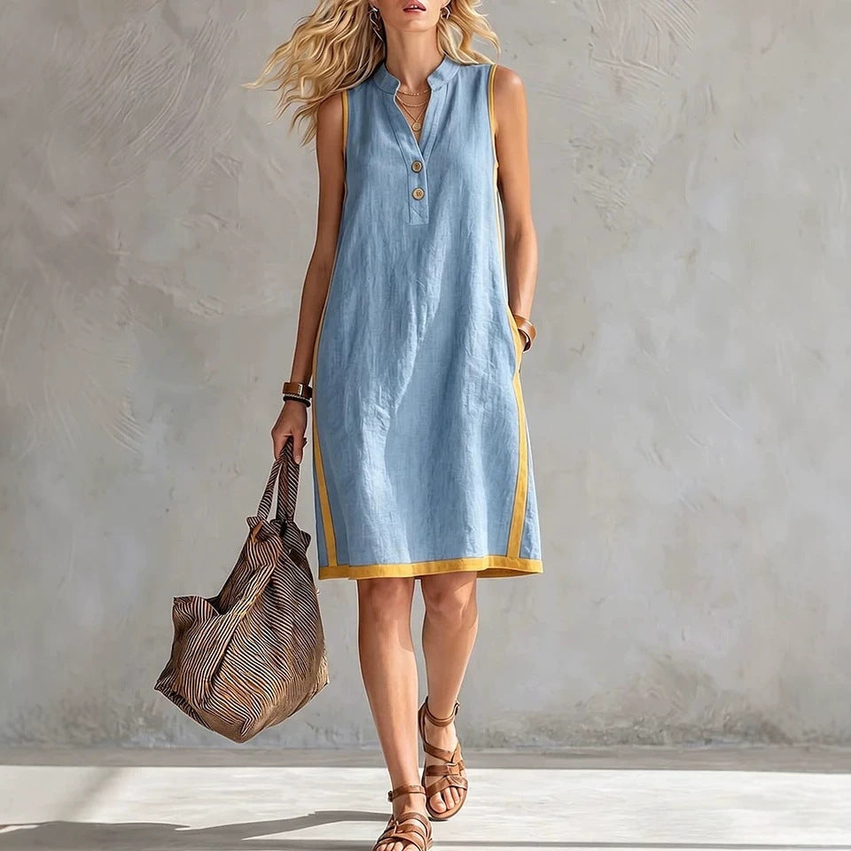 The Breeze: Sleeveless V-Neck Button-Front Pocketed A-Line Midi Dress