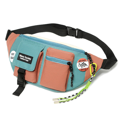 Multicolored waist bag with a strap and tags on a white background