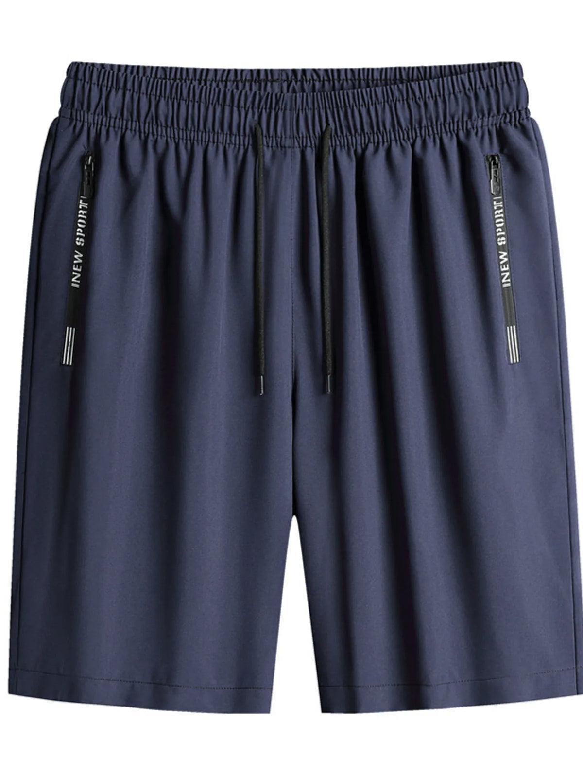 Navy blue shorts with side zippers on a white background
