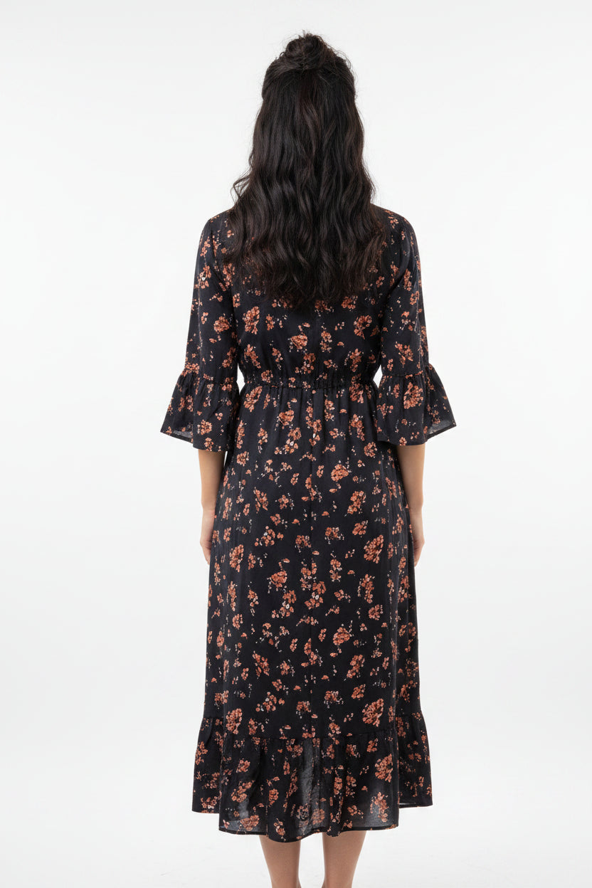 The Bohemian: Floral Printed A-Line Half Sleeve Midi Dress-Blackorvani