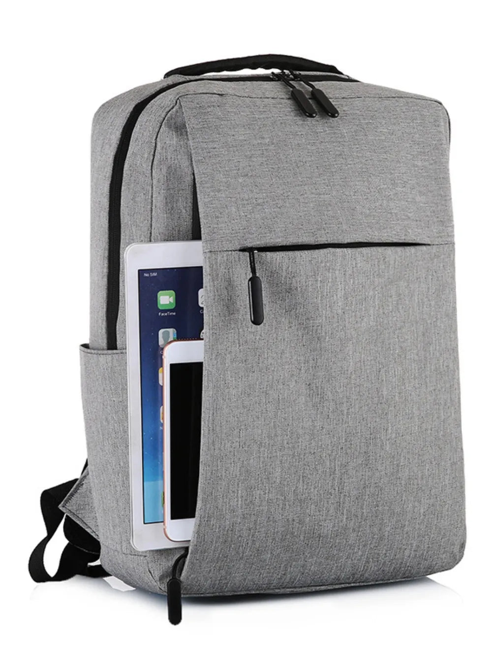 Gray backpack with a front pocket containing a smartphone on a white background-blackorvani.com
