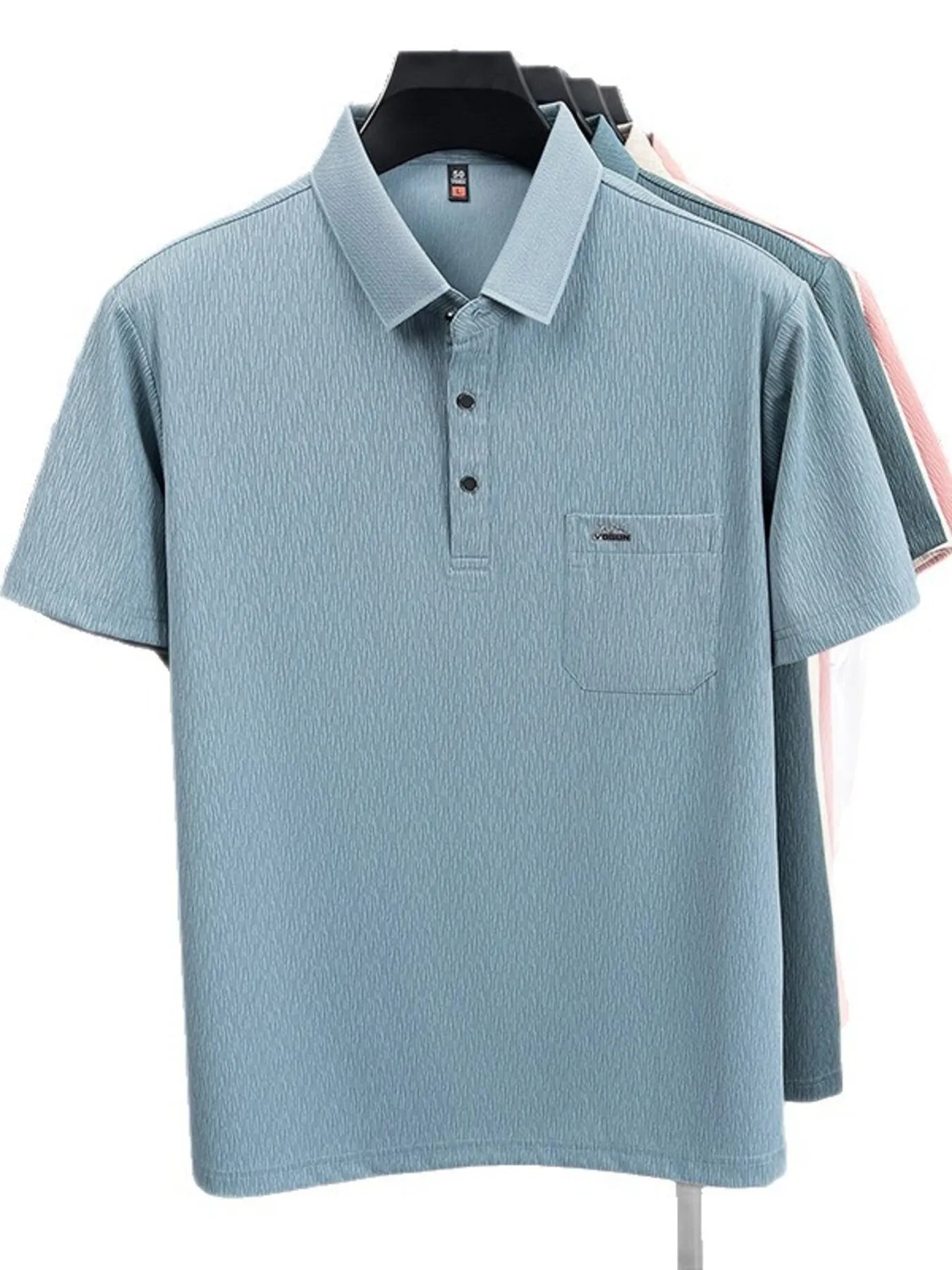 Light blue polo shirt on a hanger with a white background-blackorvani.com
