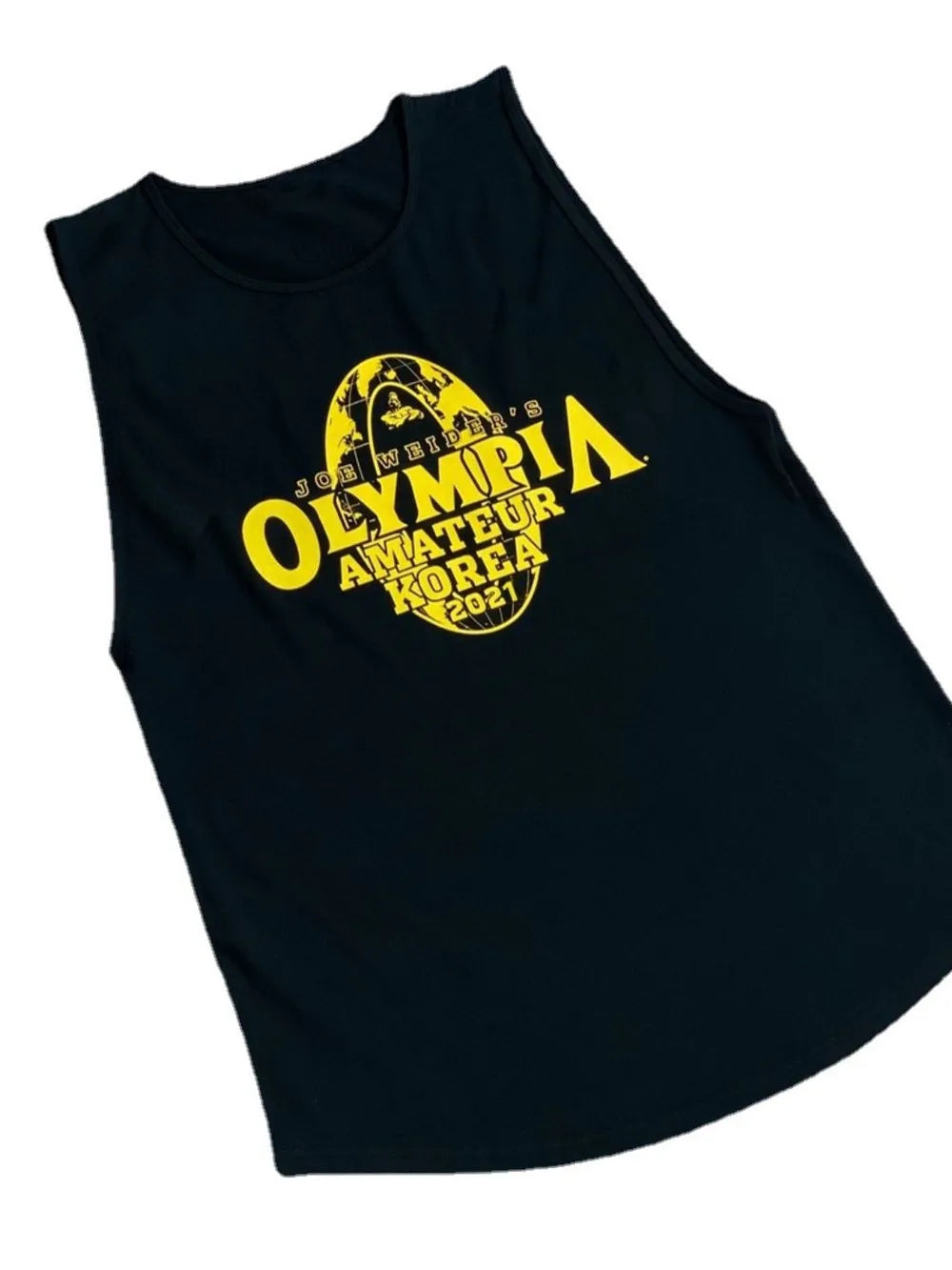 Black sleeveless shirt with yellow 'Olympia Amateur Home' text on a white background-blackorvani.com