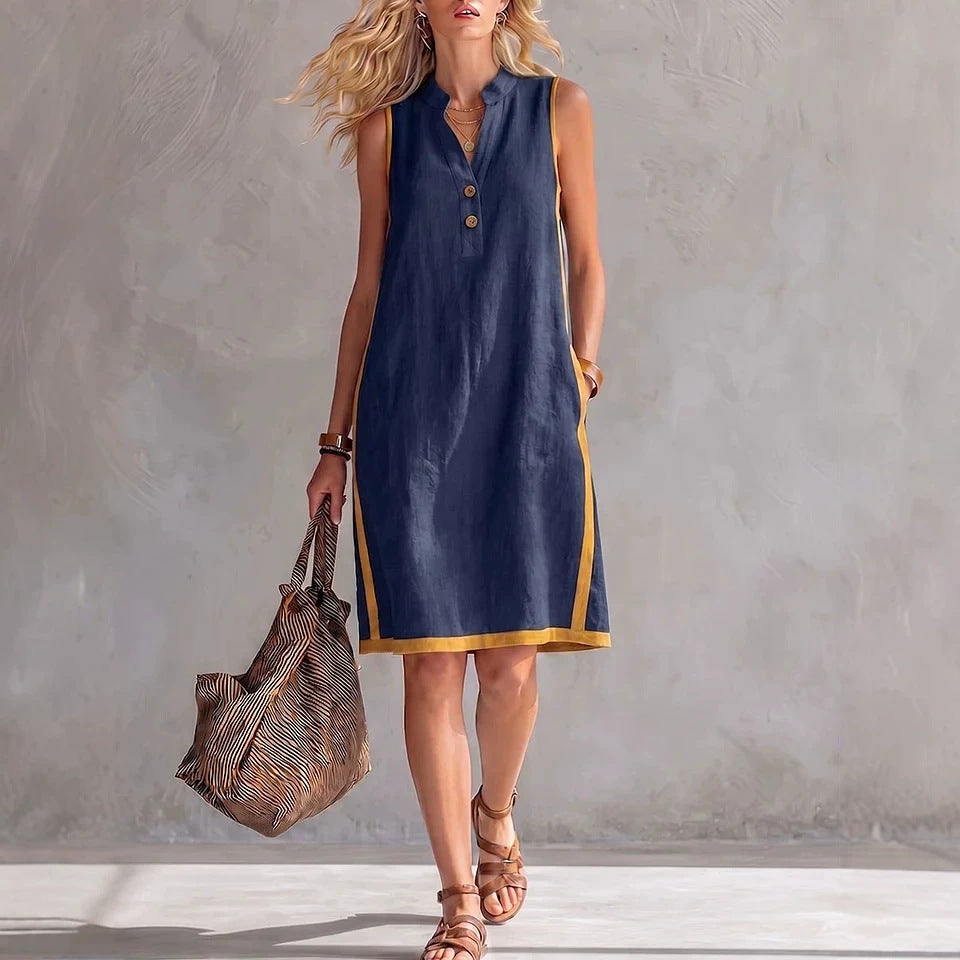 The Breeze: Sleeveless V-Neck Button-Front Pocketed A-Line Midi Dress