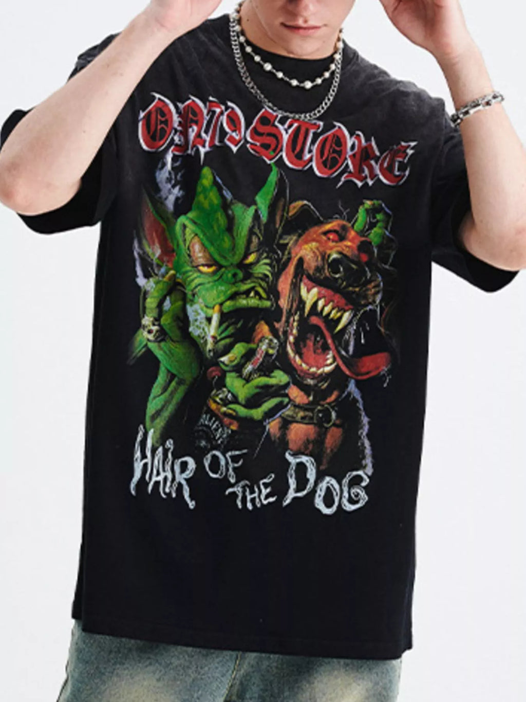 boy wearing a black t-shirt with graphic design and text-Black Orvani