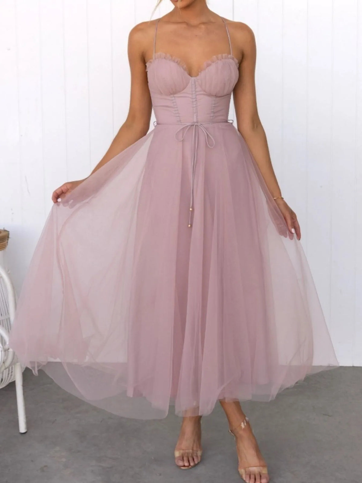 Pink dress with thin straps on a white background-blackorvani.com