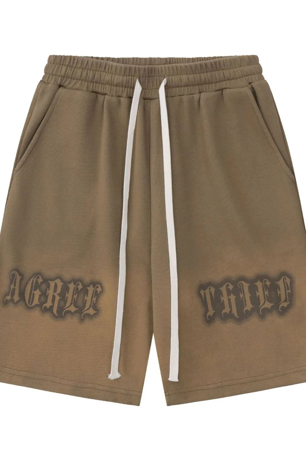 Khaki shorts with white drawstring and black text-Black Orvani