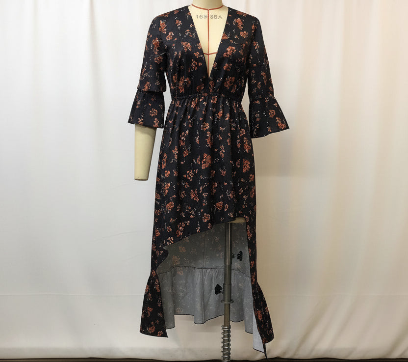 The Bohemian: Floral Printed A-Line Half Sleeve Midi Dress-Blackorvani