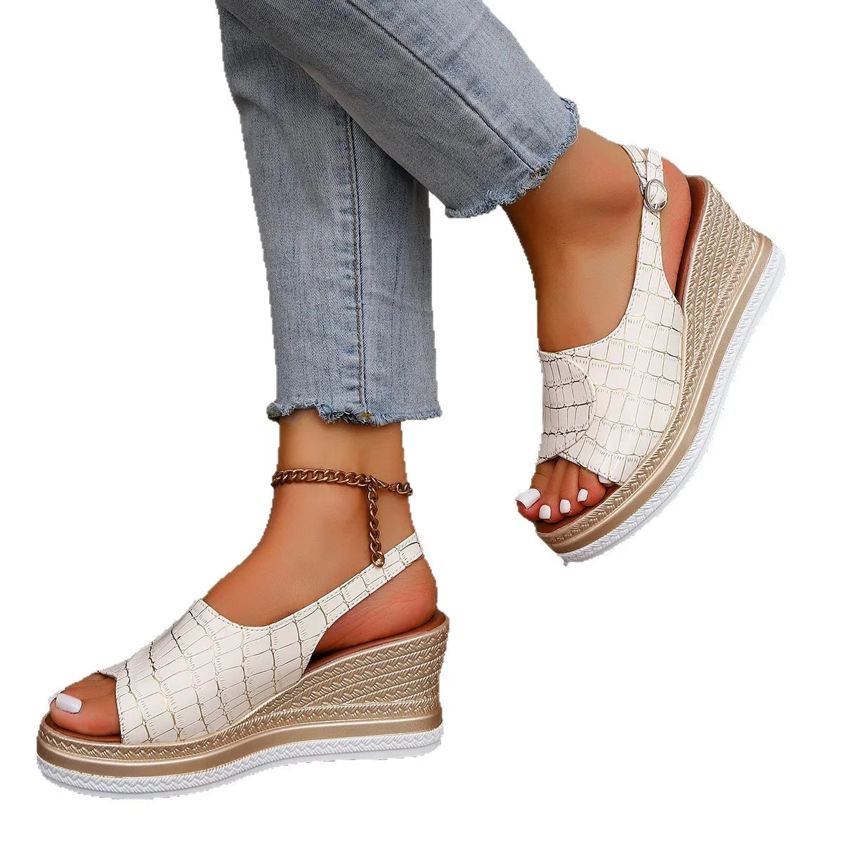 Beige wedge sandals with textured straps worn with light blue jeans on a white background-blackorvani.com