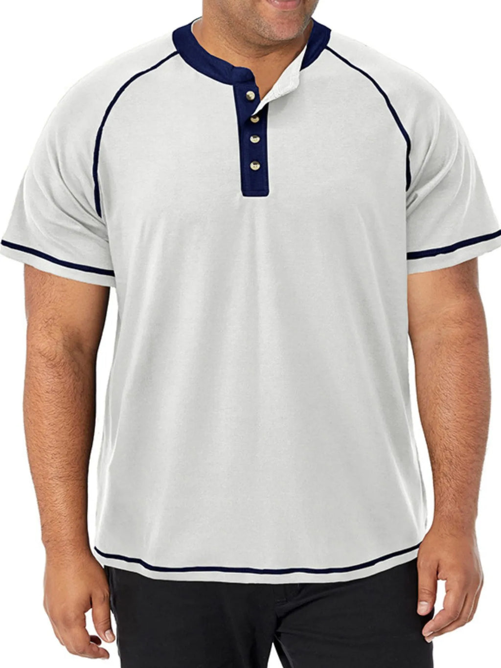 White short-sleeve shirt with navy accents worn by a person on a white background