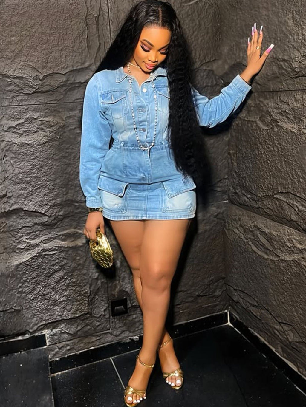 The Enigma: High-Waisted Washed Denim Mini Dress with Multi-Pockets
