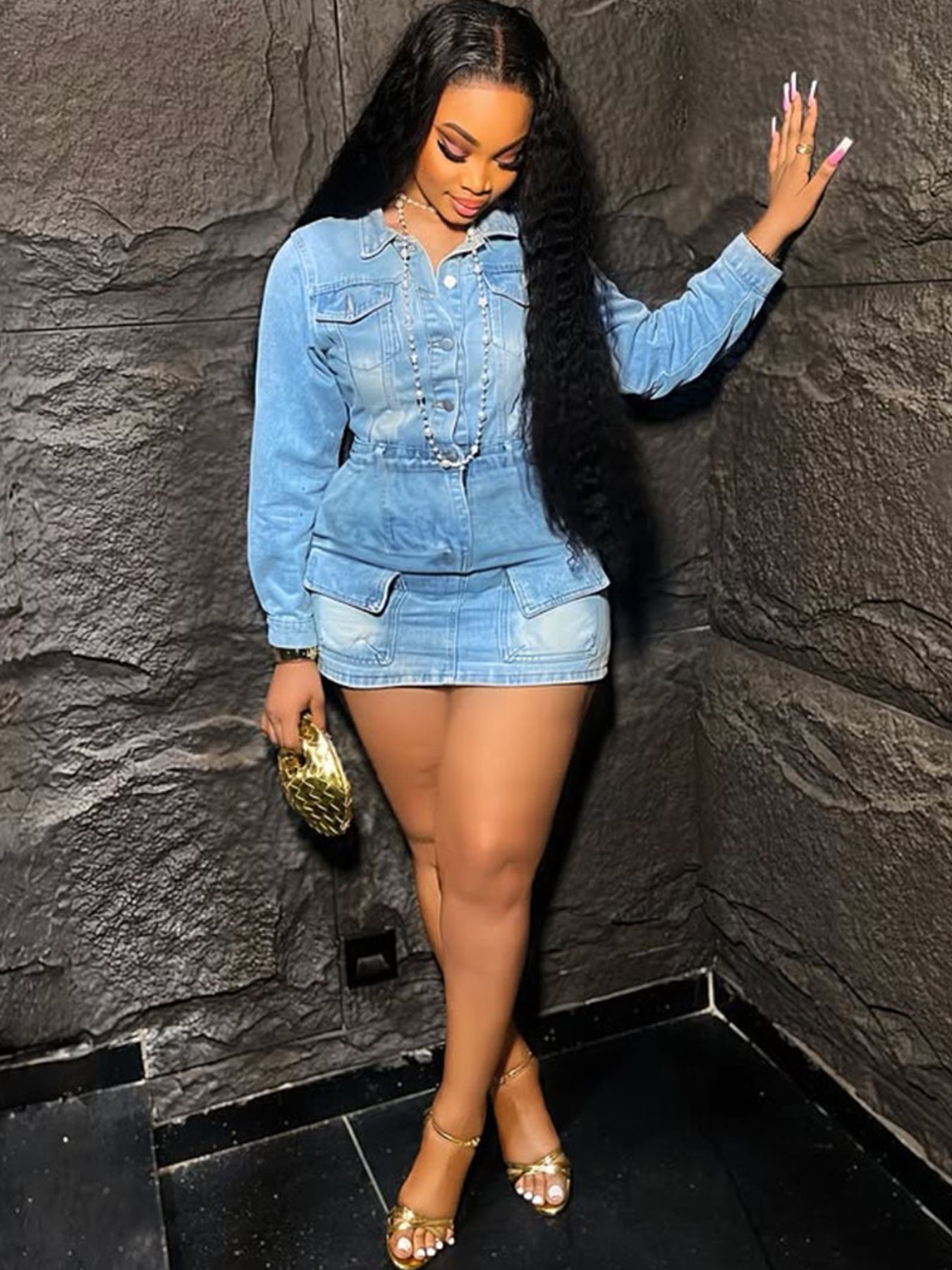 The Enigma: High-Waisted Washed Denim Mini Dress with Multi-Pockets