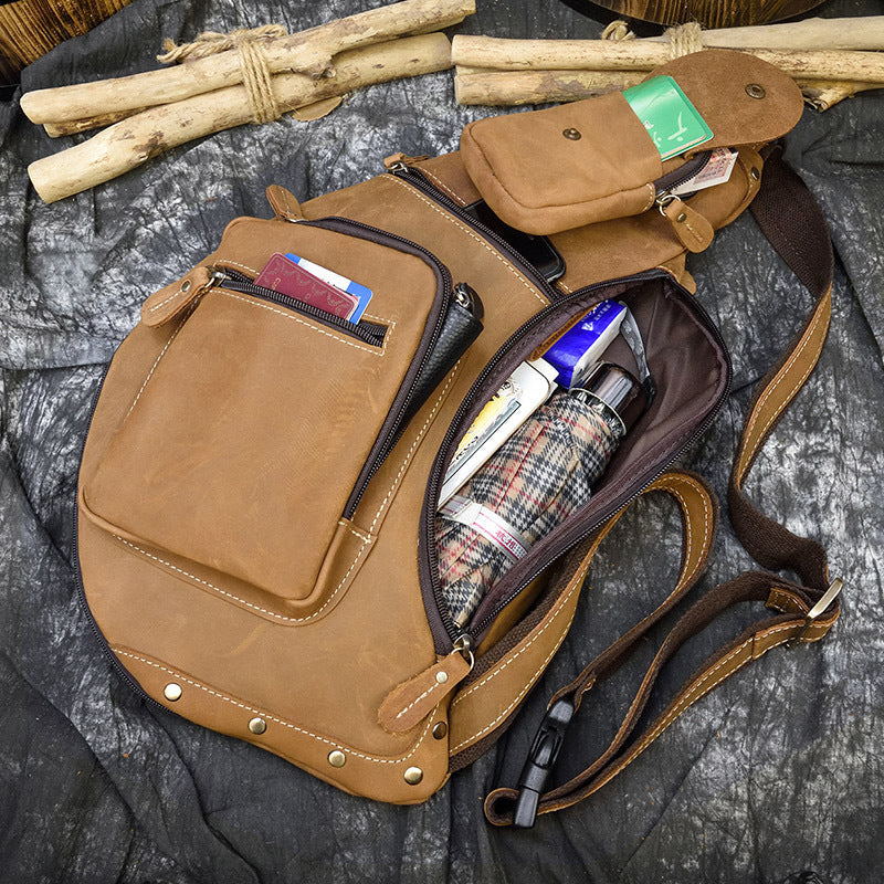 Retro Crazy Horse Leather Men's Chest Bag | Vintage Crossbody Sling