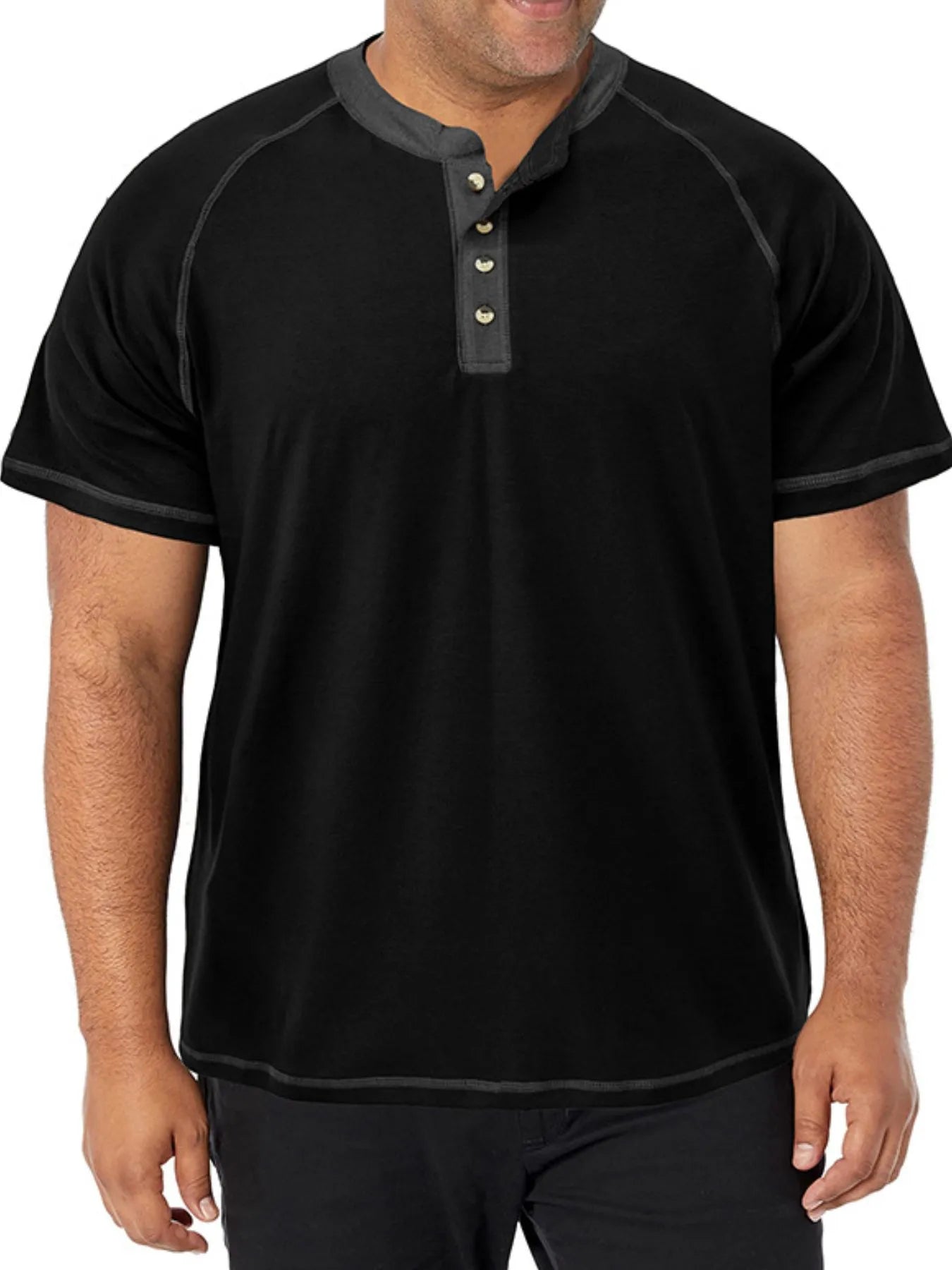 Man wearing a black short-sleeve shirt with gray accents on a white background
