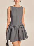 Gray sleeveless dress with button details on a beige background-BlackOrvani