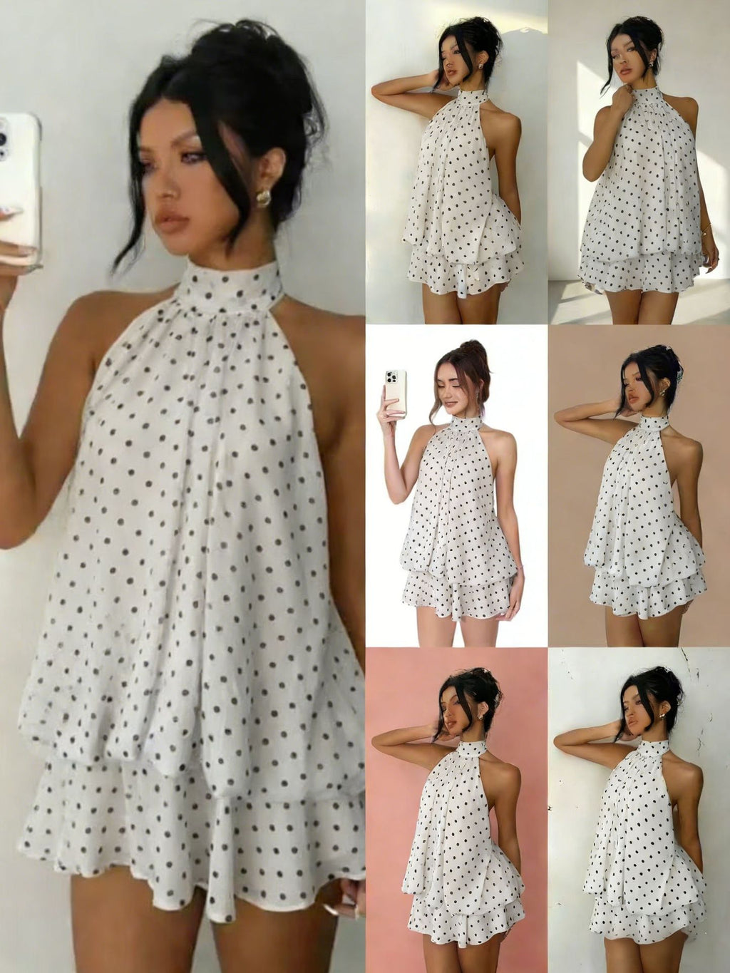 Woman wearing a white dress with black polka dots in multiple poses against different backgrounds.