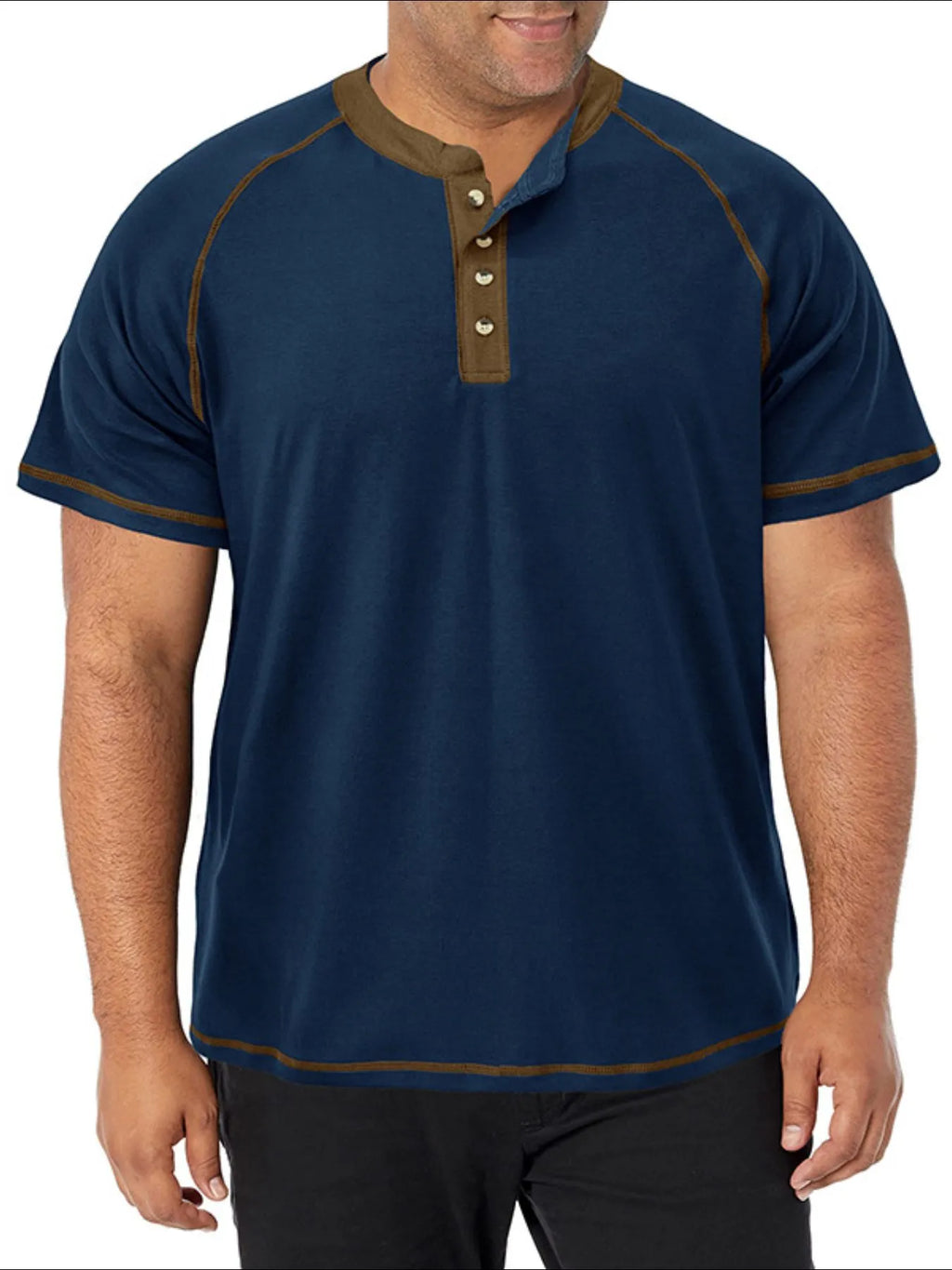 Man wearing a navy blue shirt with brown accents on a white background