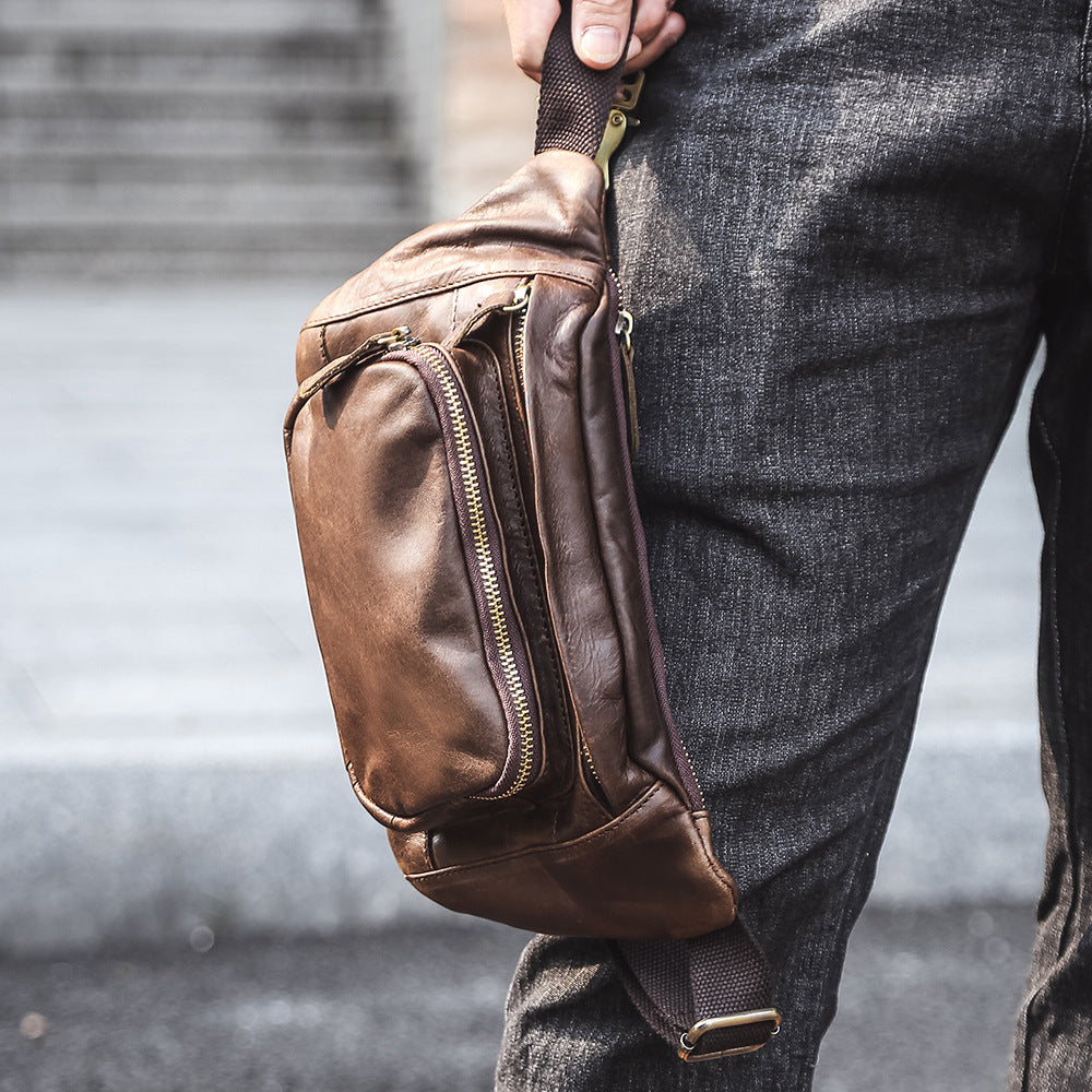 Simple Retro First-Layer Cowhide Men's Chest Bag | Vintage Crossbody Sling