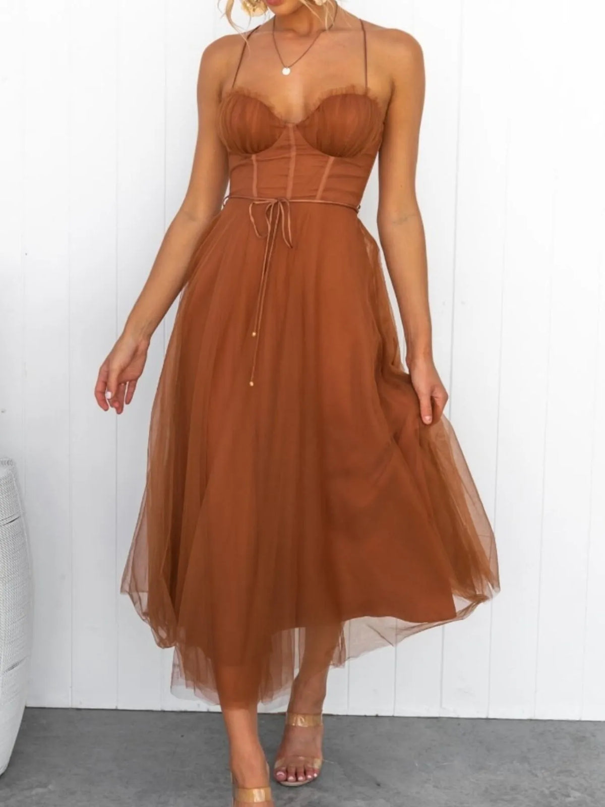 Brown dress worn by a model against a white background-blackorvani.com
