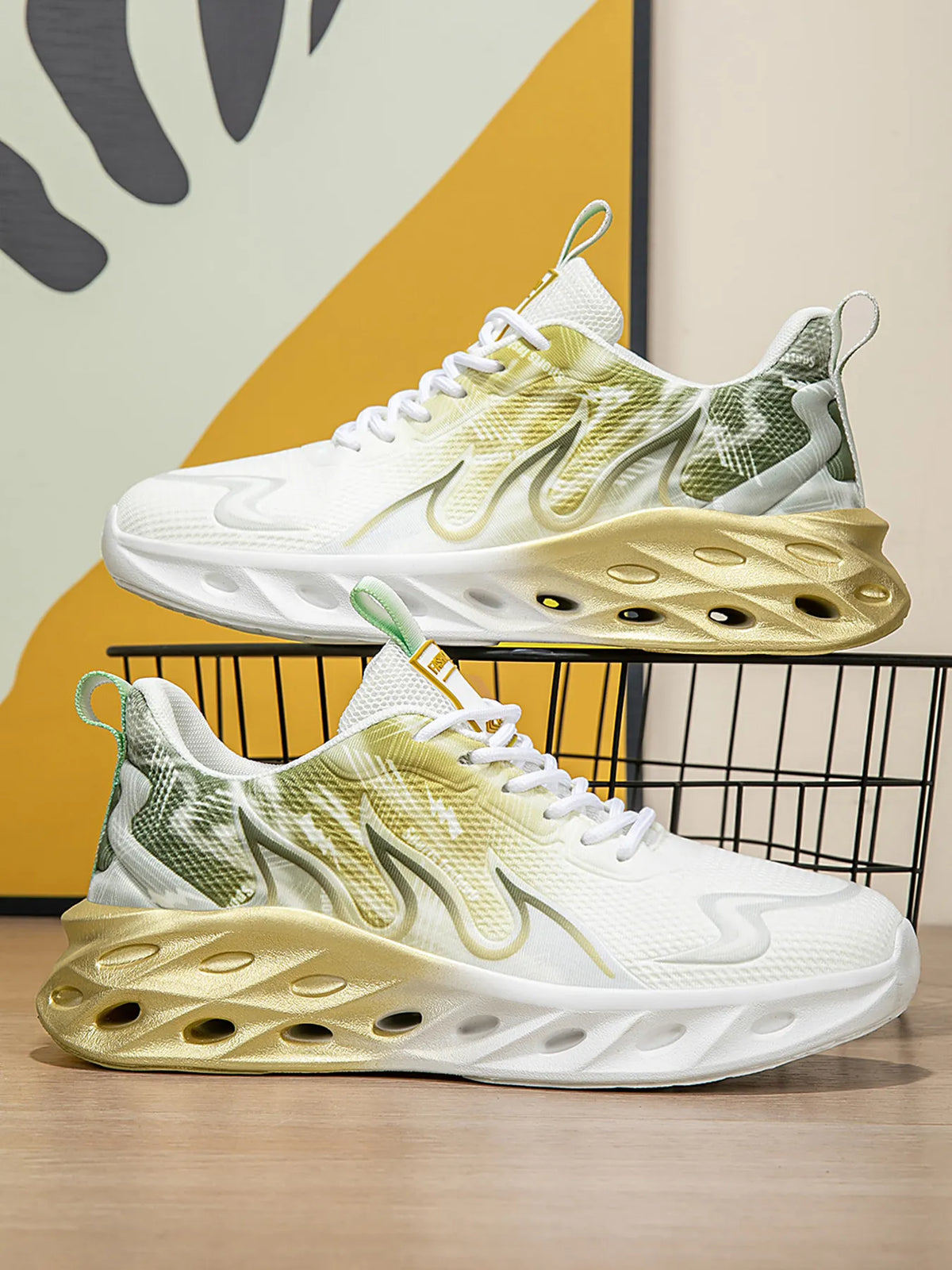 White and yellow sneakers on a wooden surface with a colorful abstract background