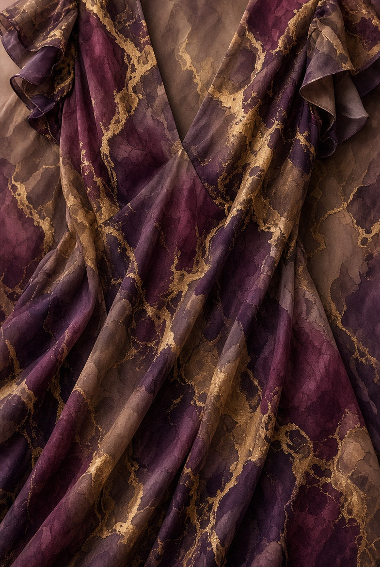 A close-up of draped fabric with an abstract marbled pattern in deep purple, burgundy, and warm gold-brown tones.