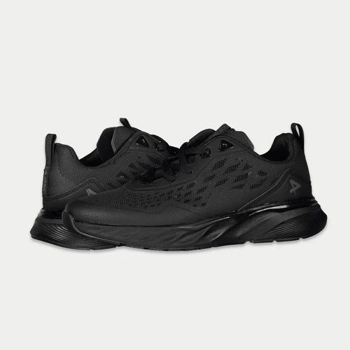 Black athletic shoes on a light gray background