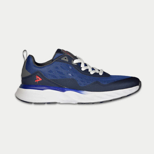 Blue and black athletic shoe on a light gray background
